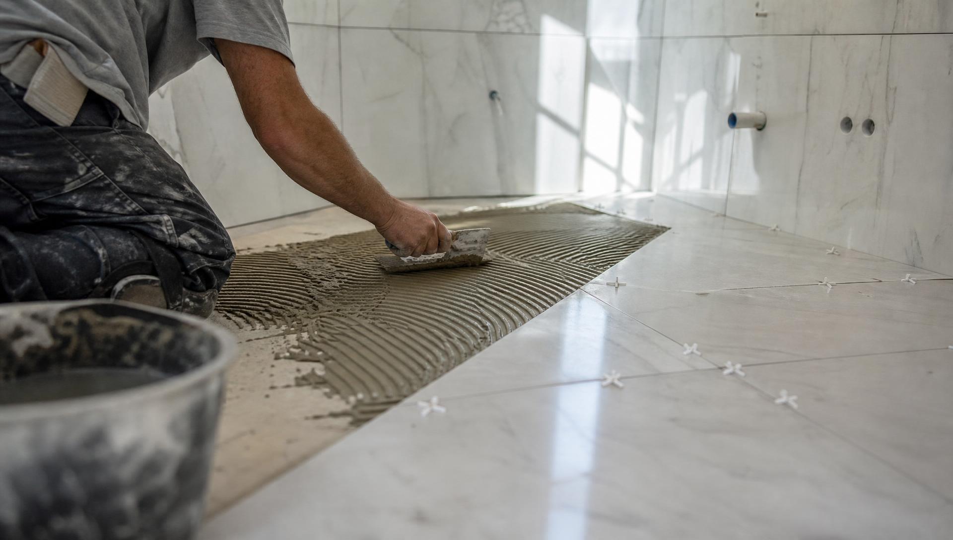 Instalación profesional de cerámica de gran formato con llana dentada y espaciadores
